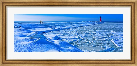 Framed Manistique Lighthouse in winter, Upper Peninsula, Michigan, USA Print