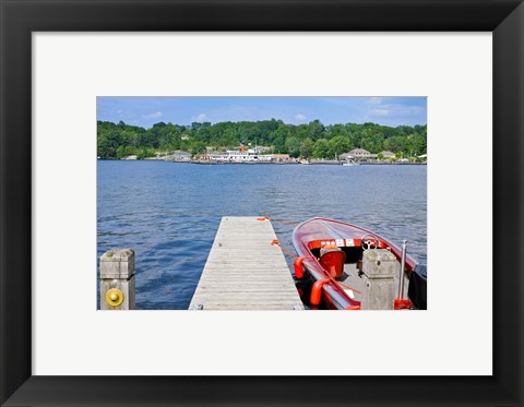 Framed Motorboat moored at a pier, Gravenhurst Bay, Gravenhurst, Ontario, Canada Print