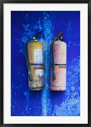 Framed Fire extinguishers on Blue Temple wall, Mingshan, Fengdu Ghost City, Fengdu, Yangtze River, Chongqing Province, China Print