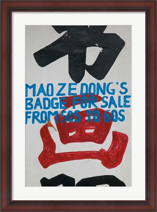 Framed Close-up of a store sign for selling Chairman Mao badges, Old Town, Dali, Yunnan Province, China Print