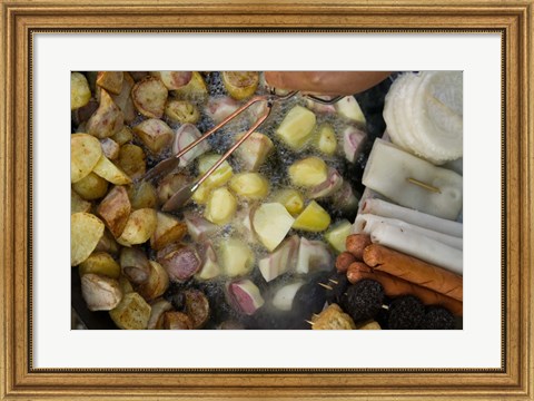 Framed Fried potatoes and snacks on the grill in a street market, Old Town, Lijiang, Yunnan Province, China Print
