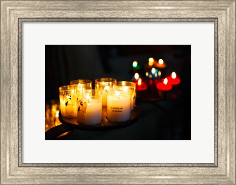 Framed Votive candles in a cathedral, Reims Cathedral, Reims, Marne, Champagne-Ardenne, France Print