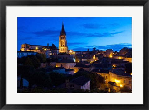 Framed Elevated view of a Town with Eglise Monolithe Church at Dawn, Saint-Emilion, Gironde, Aquitaine, France Print