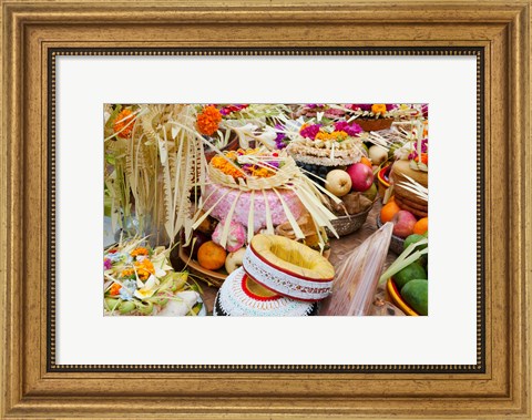 Framed Many of the offerings on cart in front of a temple in Tampaksiring, Bali, Indonesia Print