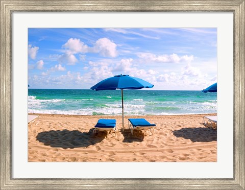 Framed Lounge chairs and beach umbrella on the beach, Fort Lauderdale Beach, Florida, USA Print