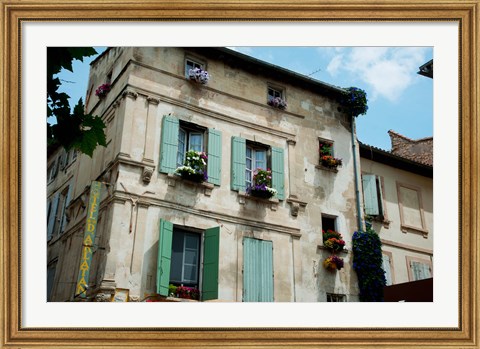 Framed View of an old building with flower pots on each window, Rue Des Arenes, Arles, Provence-Alpes-Cote d&#39;Azur, France Print