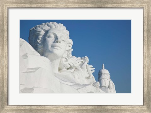 Framed French themed Snow Sculpture by frozen Sun Island Lake, Harbin, China Print