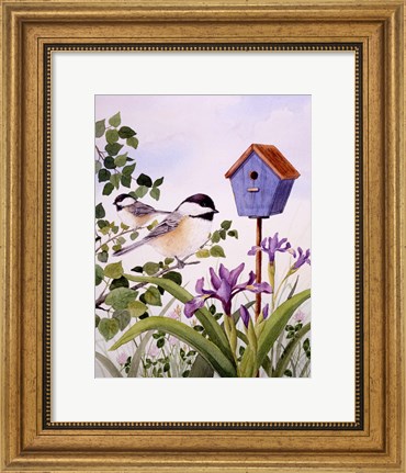 Framed Chickadees And Iris Print