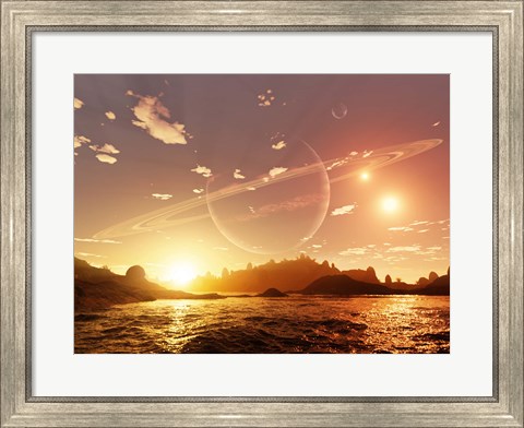 Framed scene on a distant moon orbiting a gas giant in a trinary star system Print