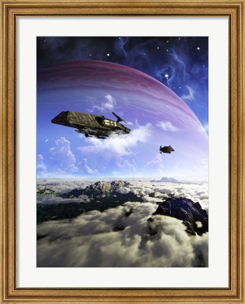 Framed Two spacecraft prepare to depart with crewmembers left behind Print