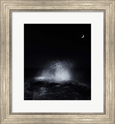 Framed crescent moon and waves splashing over rocks in Miramar, Argentina Print