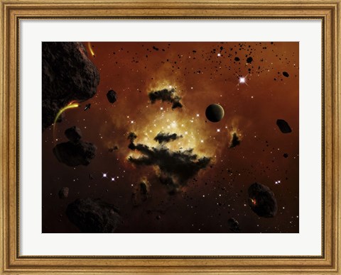 Framed nebula evaporates in the far distance of an asteroid field Print