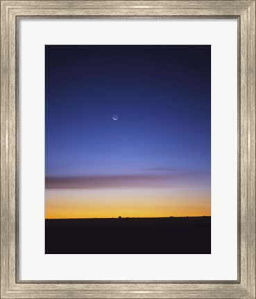 Framed Pre-dawn sky with waning crescent moon, Jupiter at top, and Mercury at lower center Print