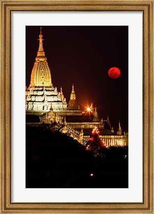 Framed Asia, Myanmar, Bagan, moon rising over Ananda temple Print