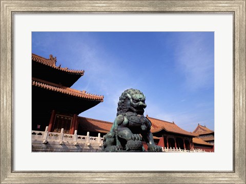 Framed Bronze lion statue, , Forbidden City, China Print