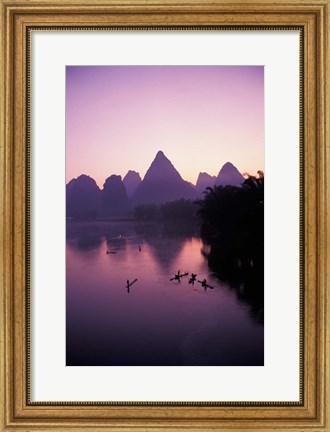 Framed Fishing rafts on Li River, dawn, Guangxi Province, China Print