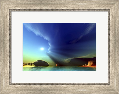 Framed Rays from the sun shine down on this colorful seascape Print