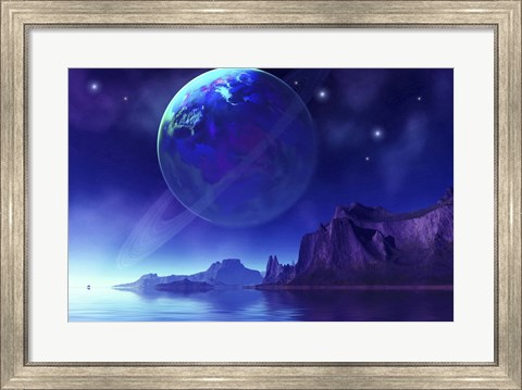 Framed Cosmic seascape on another world with a ringed planet in the night sky Print