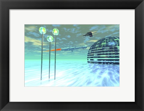 Framed Life under domes on an alien waterworld Print