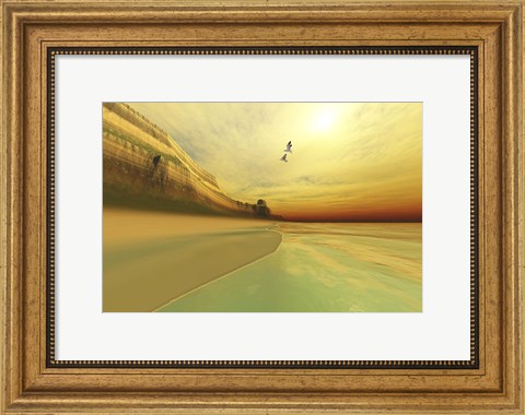 Framed Seagulls fly near the mountains of this seascape Print