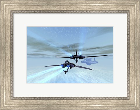 Framed Two spacecraft fly back to their space station out in the cosmos Print