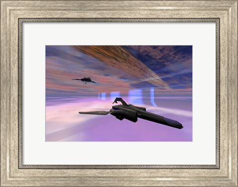 Framed Two starships warp along space enegy fields Print