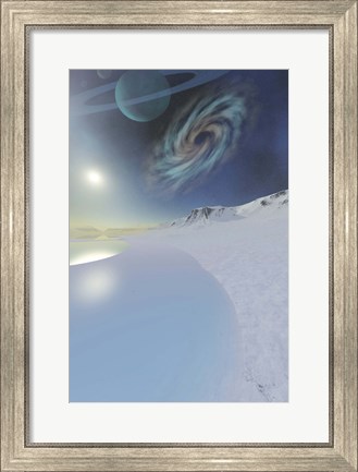 Framed Wintery seascape of an ice world Print