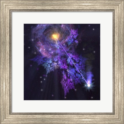 Framed shooting star radiates out from a black hole in the center of a galaxy Print