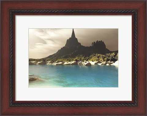 Framed mountain spire overlooking the turquoise waters of a sea inlet Print