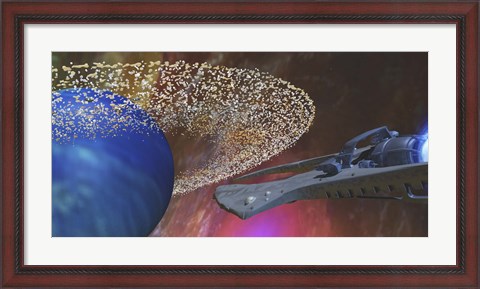 Framed spacecraft passes by a blue planet with a ring of asteroids Print