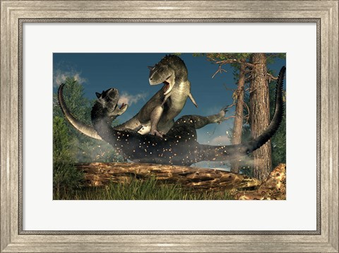 Framed couple of Carnotaurus dinosaurs fighting Print