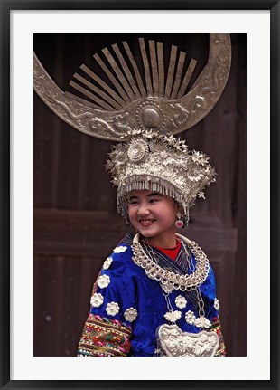 Framed Miao Girl in Traditional Silver Hairdress and Costume, China Print