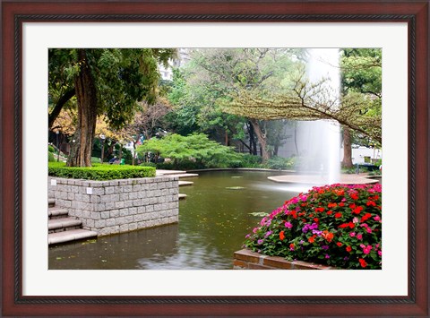 Framed Pond With Fountain in Kowloon Park, Tsim Sha Tsui Area, Kowloon, Hong Kong, China Print