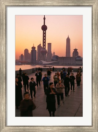 Framed Tai-Chi on the Bund, Oriental Pearl TV Tower and High Rises, Shanghai, China Print