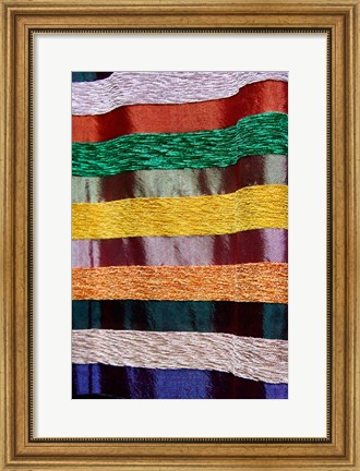 Framed Colorful silk textiles, Fes, Morocco, Africa Print