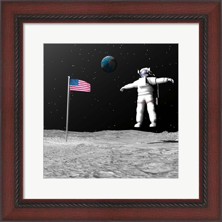 Framed First astronaut on the moon floating next to American flag Print