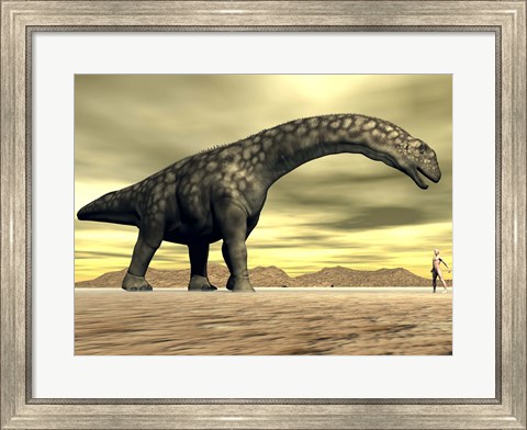 Framed Large Argentinosaurus dinosaur face to face with a human Print