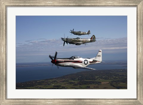 Framed P-51 Cavalier Mustang with Supermarine Spitfire fighter warbirds Print