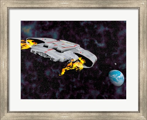Framed Spaceship with afterburners engaged as it approaches planet Earth Print