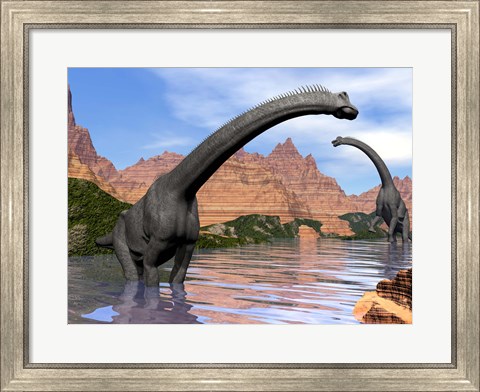 Framed Two Brachiosaurus dinosaurs in water next to red rock mountains Print