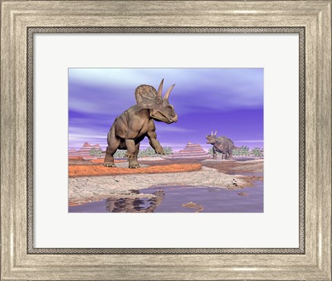 Framed Two Nedoceratops next to water in a colorful rocky landscape Print