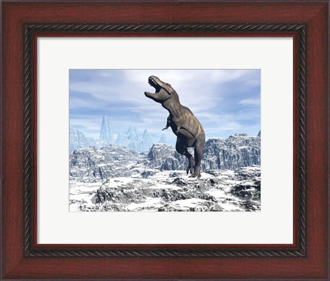 Framed Tyrannosaurus Rex dinosaur in a snowy landscape Print