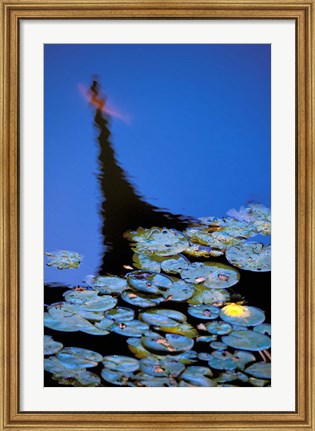 Framed Lily Pond and Temple Reflection in Blue, China Print