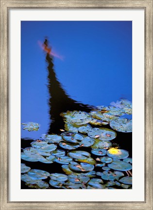 Framed Lily Pond and Temple Reflection in Blue, China Print