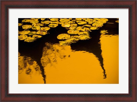 Framed Lily Pond and Temple Reflection in Yellow, China Print