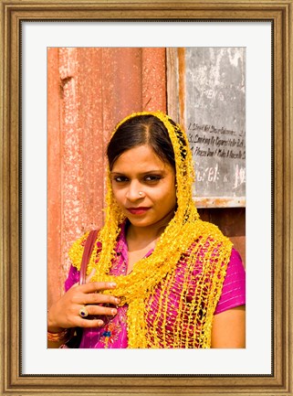 Framed Woman in Colorful Sari in Old Delhi, India Print