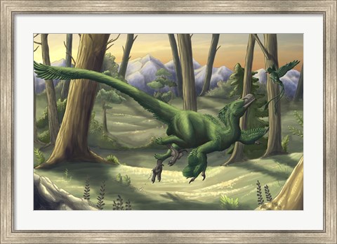 Framed bright green Velociraptor runs through a prehistoric forest Print