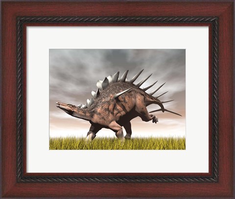 Framed Kentrosaurus dinosaur running on the yellow grass Print