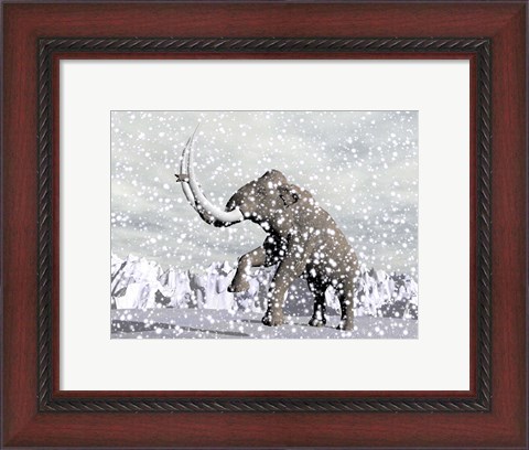 Framed Mammoth walking through a blizzard on mountain Print