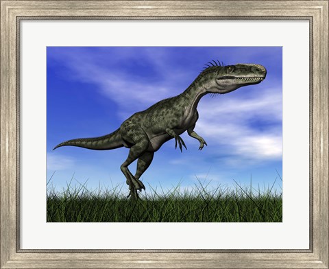 Framed Monolophosaurus dinosaur walking in the grass Print